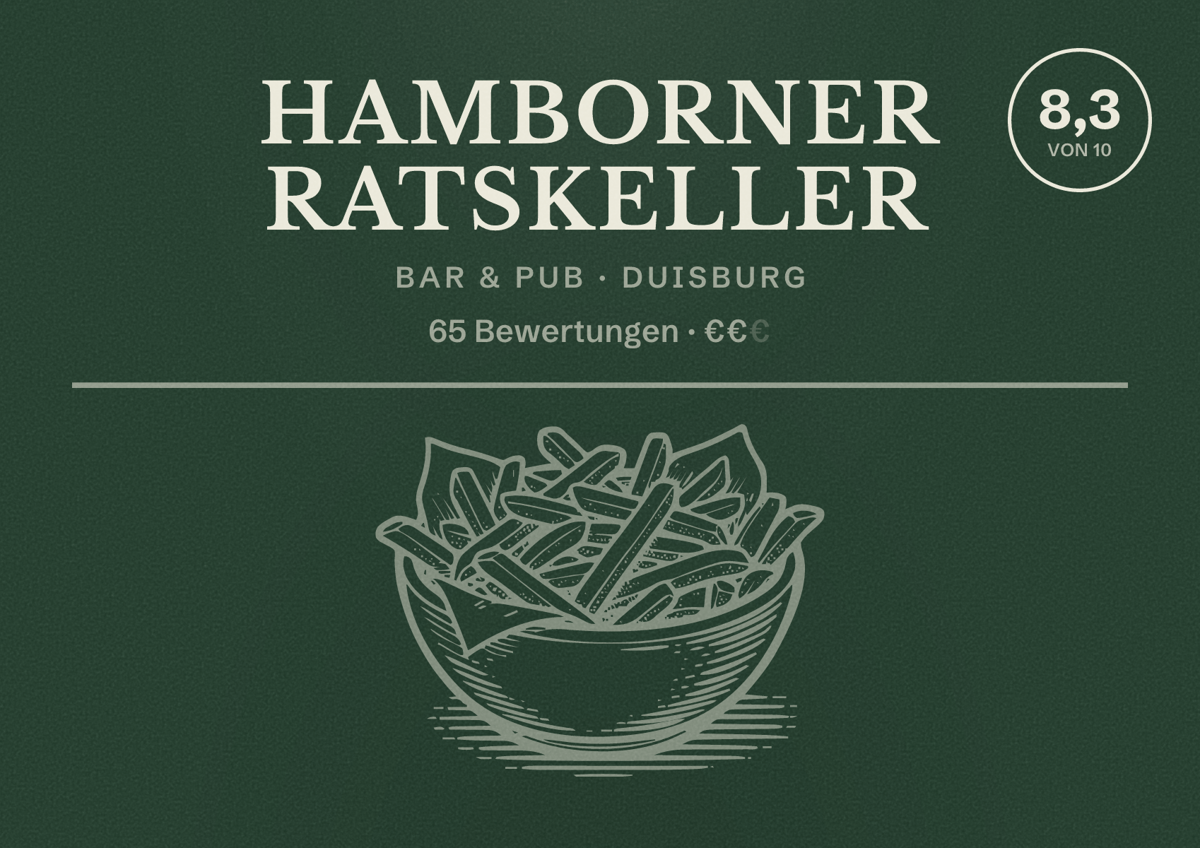 Illustriertes Poster von Hamborner Ratskeller, Bar & Pub in Duisburg: Bewertung 8,3 von 10 aus 65 Bewertungen, Preisniveau €€