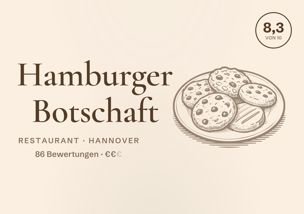 Illustriertes Poster von Hamburger Botschaft, Restaurant in Hannover: Bewertung 8,3 von 10 aus 86 Bewertungen, Preisniveau €€