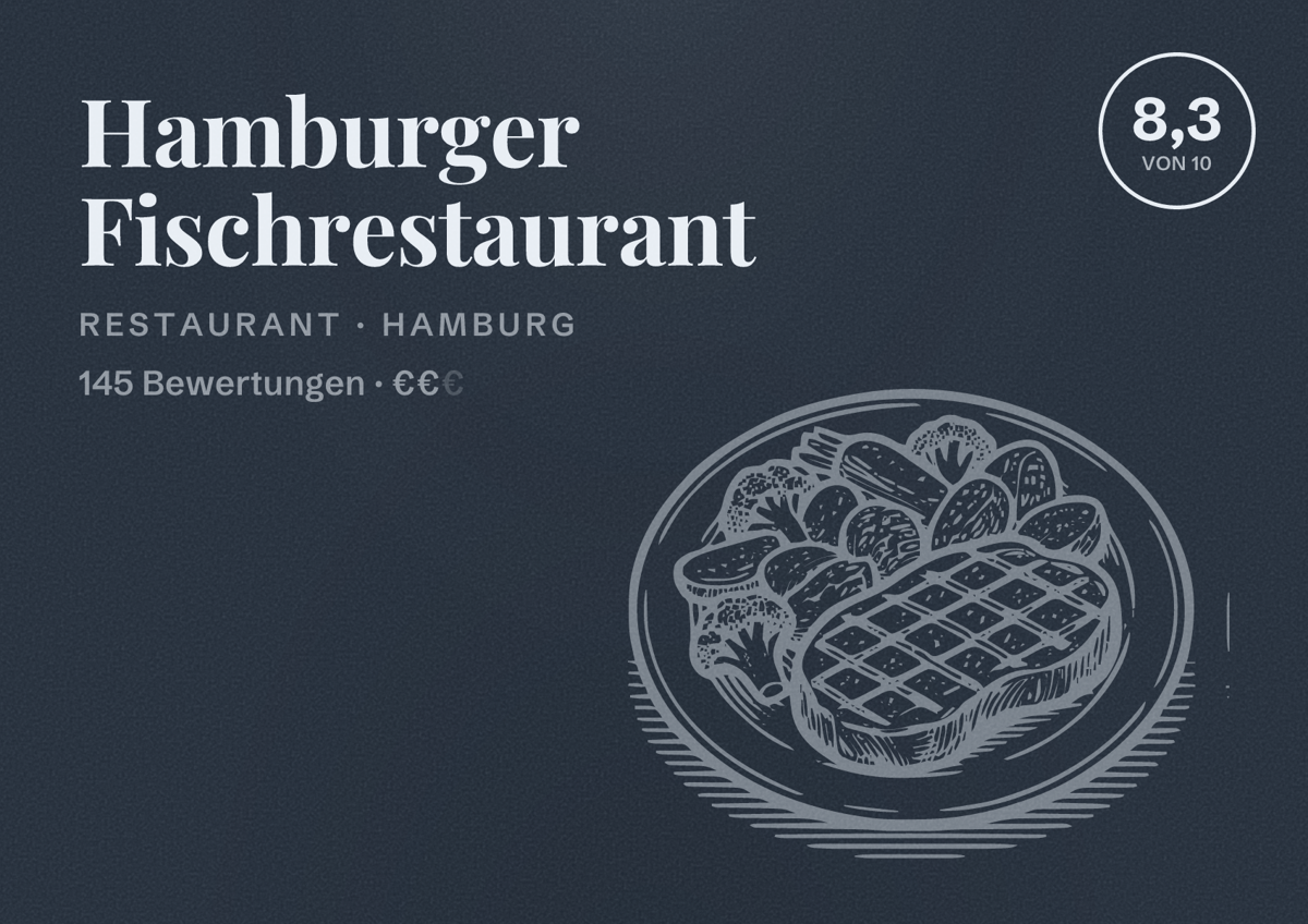 Illustriertes Poster von Hamburger Fischrestaurant, Restaurant in Hamburg: Bewertung 8,3 von 10 aus 145 Bewertungen, Preisniveau €€