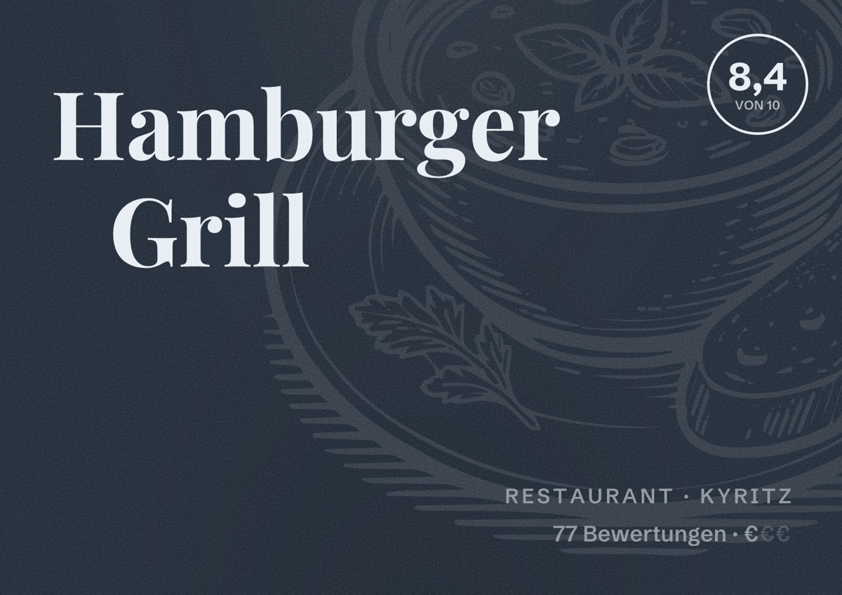 Illustriertes Poster von Hamburger Grill, Restaurant in Kyritz: Bewertung 8,4 von 10 aus 77 Bewertungen, Preisniveau €