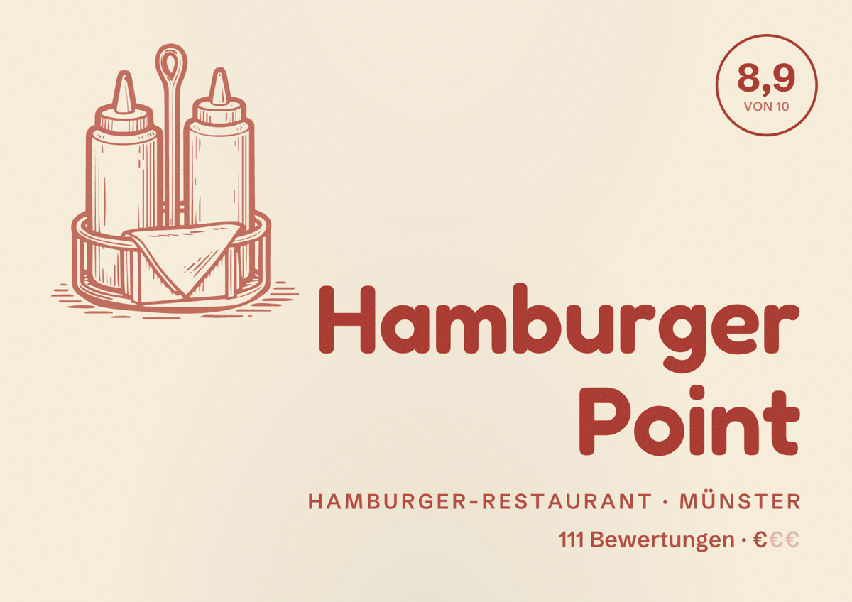 Illustriertes Poster von Hamburger Point, Hamburger-Restaurant in Münster: Bewertung 8,9 von 10 aus 111 Bewertungen, Preisniveau €