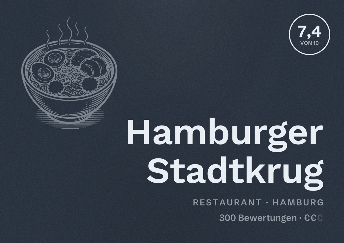 Illustriertes Poster von Hamburger Stadtkrug, Restaurant in Hamburg: Bewertung 7,4 von 10 aus 300 Bewertungen, Preisniveau €€