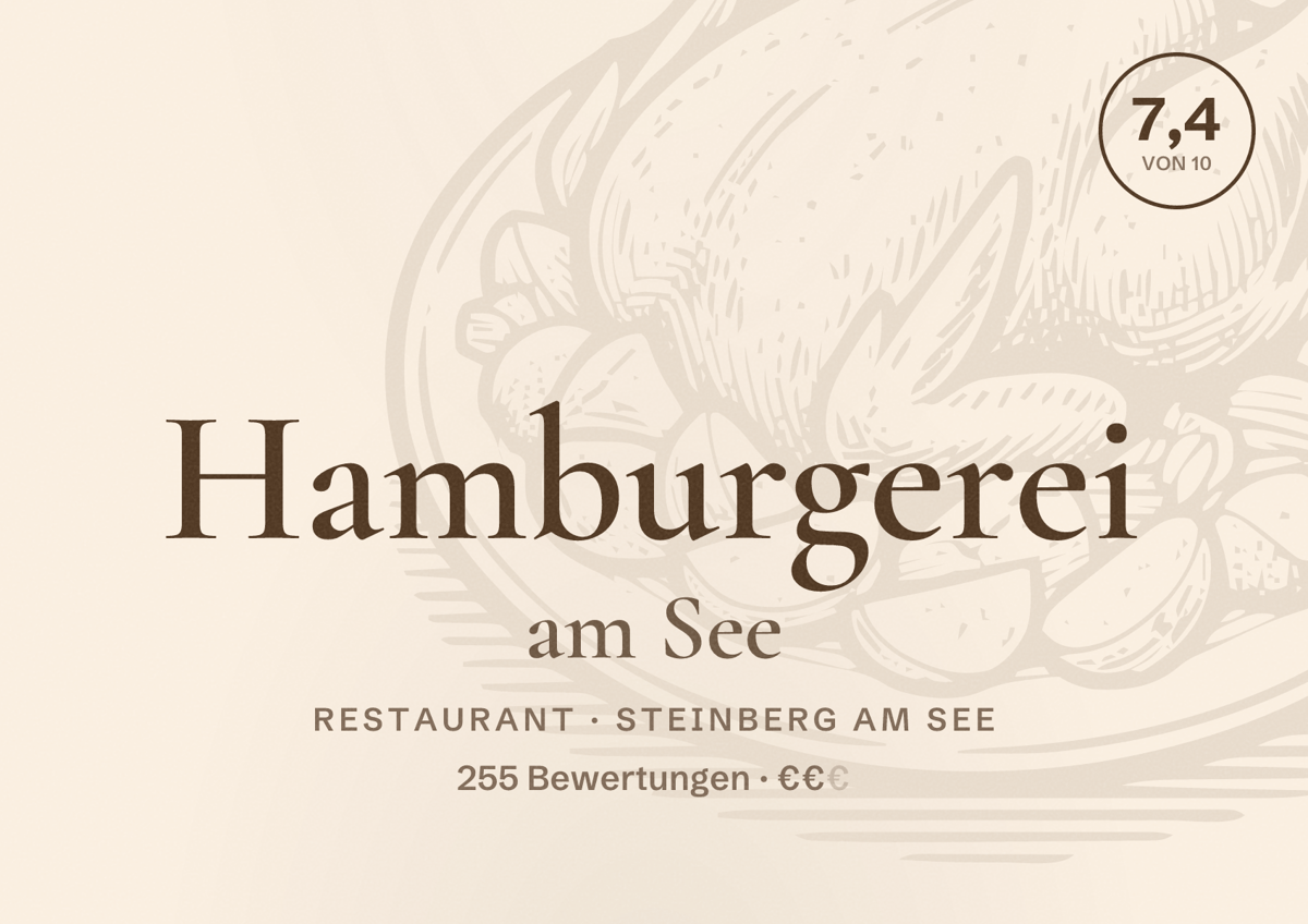 Illustriertes Poster von Hamburgerei am See, Restaurant in Steinberg am See: Bewertung 7,4 von 10 aus 255 Bewertungen, Preisniveau €€