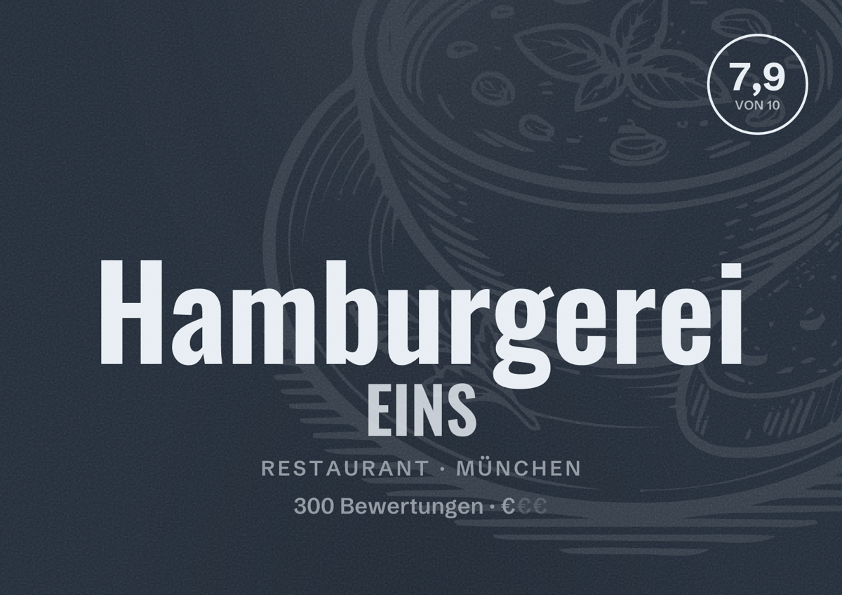 Illustriertes Poster von Hamburgerei EINS, Restaurant in München: Bewertung 7,9 von 10 aus 300 Bewertungen, Preisniveau €