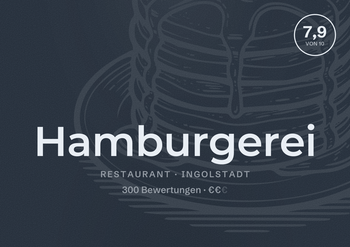Illustriertes Poster von Hamburgerei, Restaurant in Ingolstadt: Bewertung 7,9 von 10 aus 300 Bewertungen, Preisniveau €€