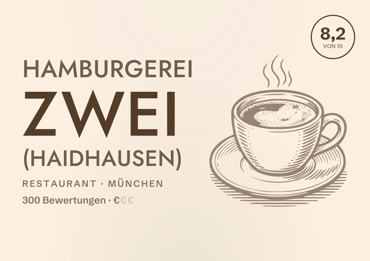Illustriertes Poster von Hamburgerei ZWEI (Haidhausen), Restaurant in München: Bewertung 8,2 von 10 aus 300 Bewertungen, Preisniveau €