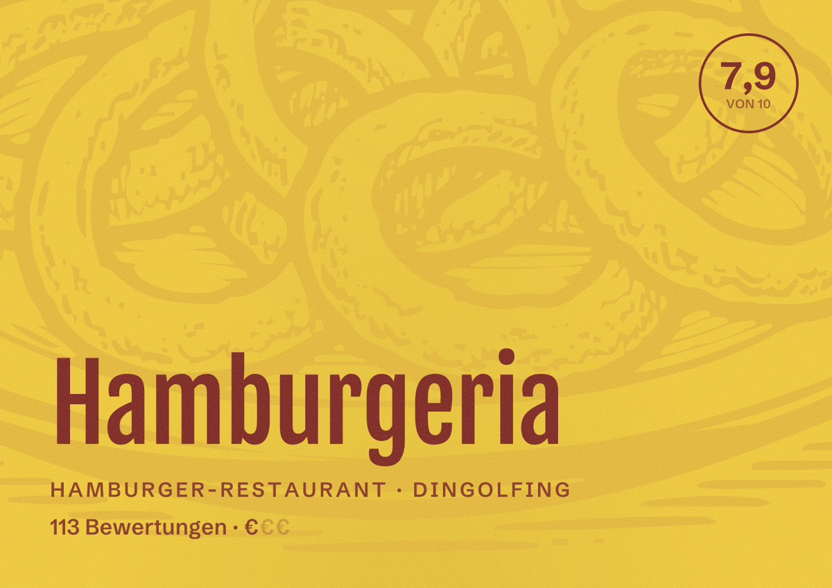 Illustriertes Poster von Hamburgeria, Hamburger-Restaurant in Dingolfing: Bewertung 7,9 von 10 aus 113 Bewertungen, Preisniveau €