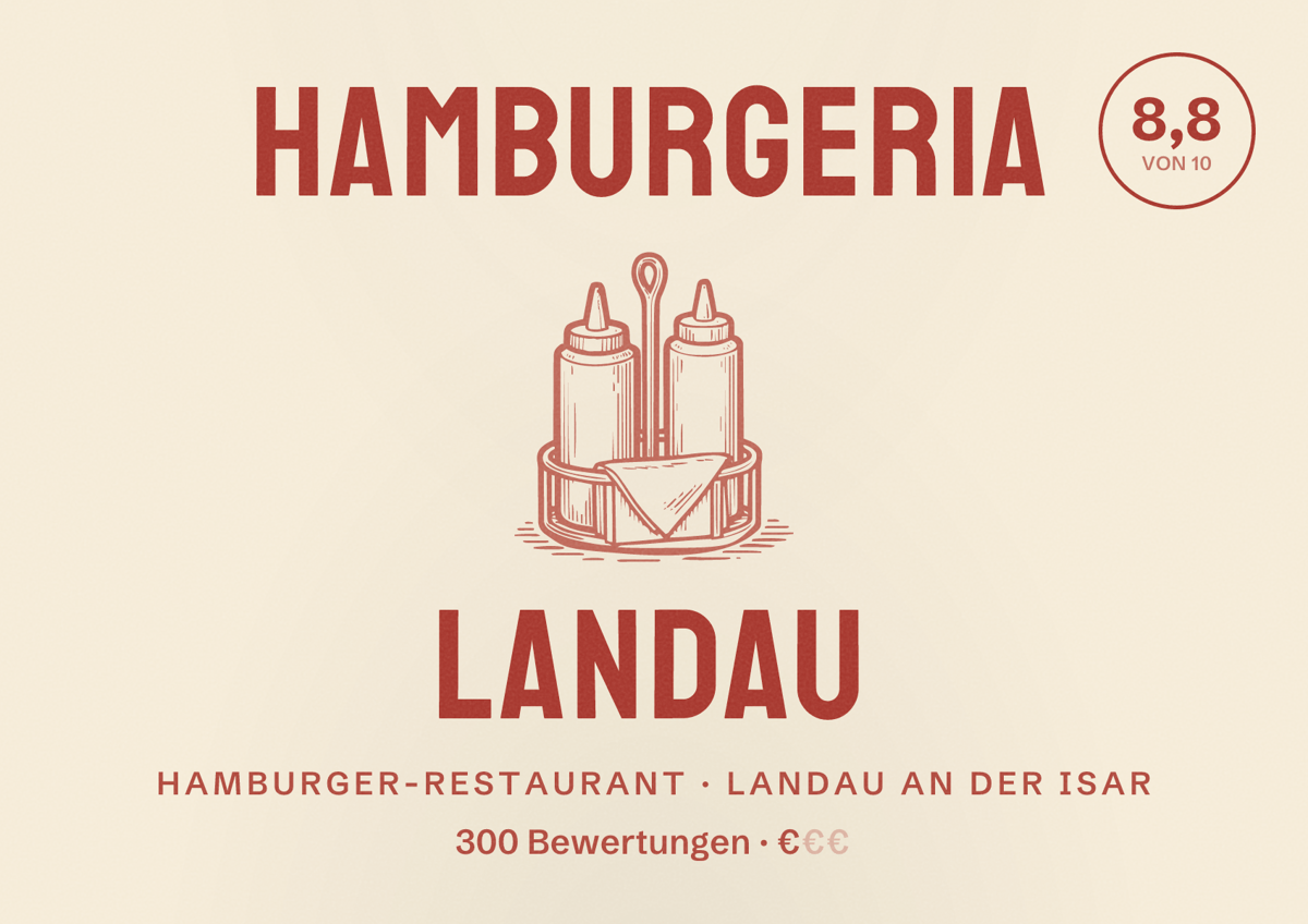 Illustriertes Poster von Hamburgeria Landau, Hamburger-Restaurant in Landau an der Isar: Bewertung 8,8 von 10 aus 300 Bewertungen, Preisniveau €