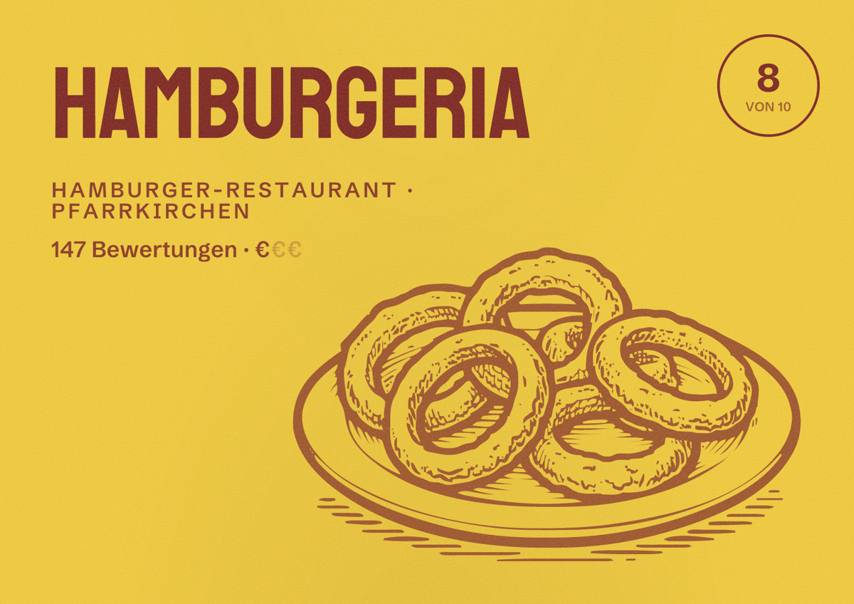 Illustriertes Poster von Hamburgeria, Hamburger-Restaurant in Pfarrkirchen: Bewertung 8 von 10 aus 147 Bewertungen, Preisniveau €