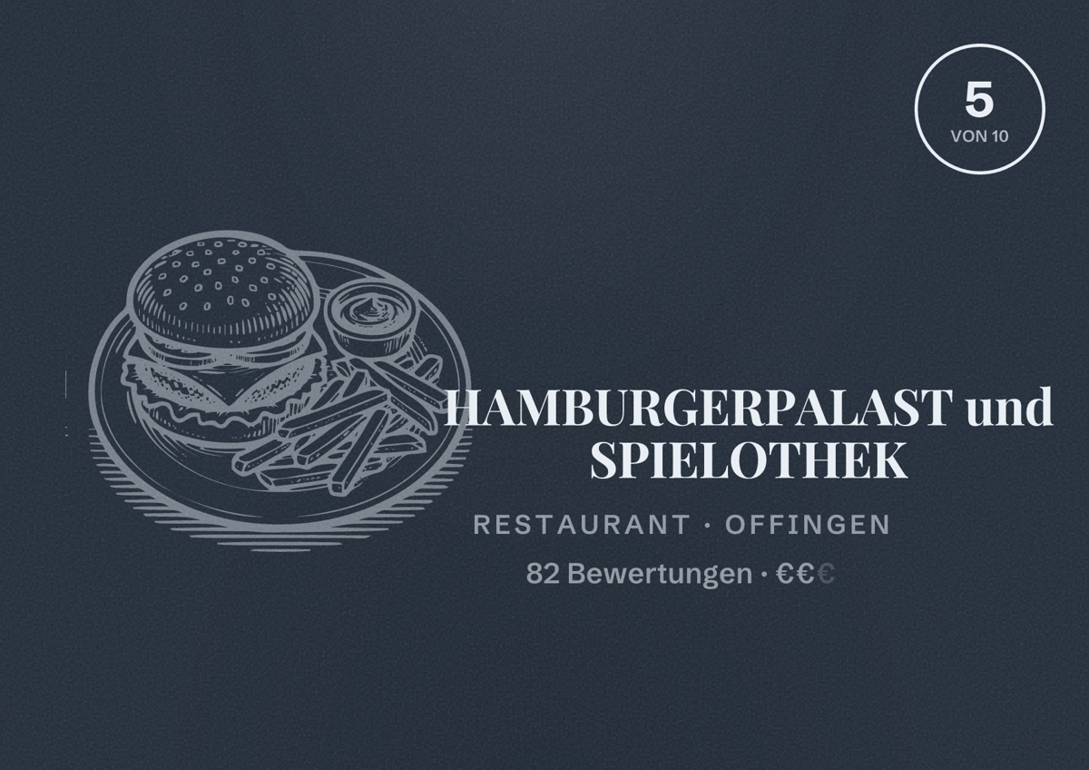 Illustriertes Poster von HAMBURGERPALAST und SPIELOTHEK, Restaurant in Offingen: Bewertung 5 von 10 aus 82 Bewertungen, Preisniveau €€