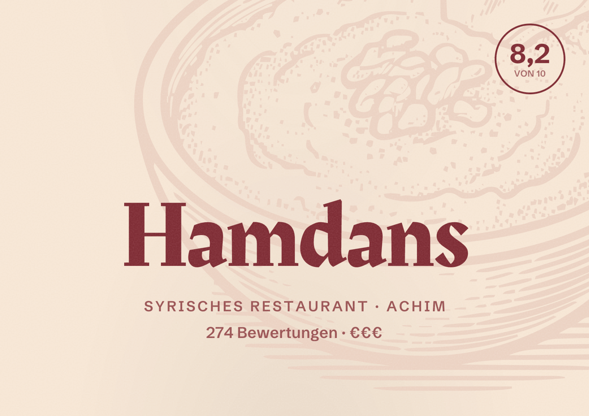 Illustriertes Poster von Hamdans, Syrisches Restaurant in Achim: Bewertung 8,2 von 10 aus 274 Bewertungen, Preisniveau €€€