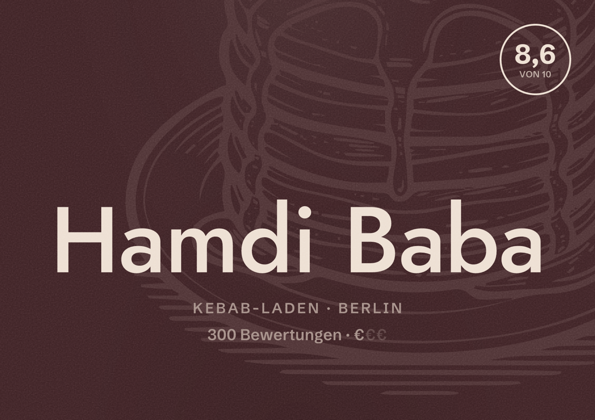 Illustriertes Poster von Hamdi Baba, Kebab-Laden in Berlin: Bewertung 8,6 von 10 aus 300 Bewertungen, Preisniveau €