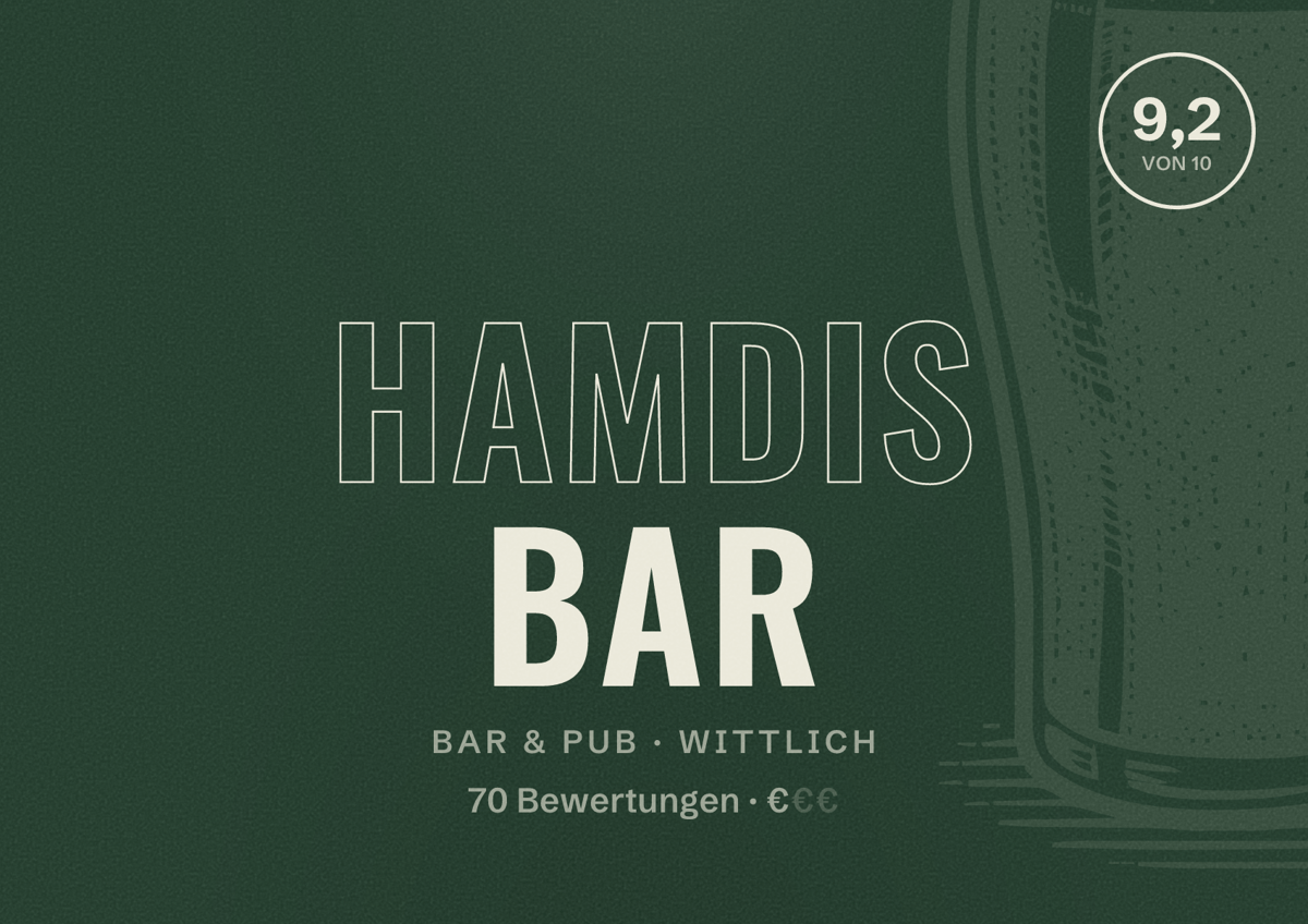 Illustriertes Poster von Hamdis Bar, Bar & Pub in Wittlich: Bewertung 9,2 von 10 aus 70 Bewertungen, Preisniveau €