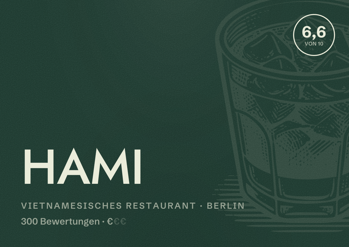 Illustriertes Poster von HAMI, Vietnamesisches Restaurant in Berlin: Bewertung 6,6 von 10 aus 300 Bewertungen, Preisniveau €