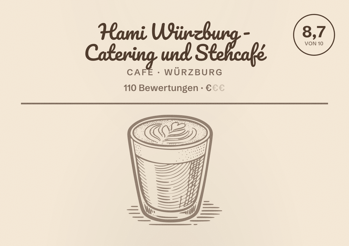 Illustriertes Poster von Hami Würzburg - Catering und Stehcafé, Café in Würzburg: Bewertung 8,7 von 10 aus 110 Bewertungen, Preisniveau €
