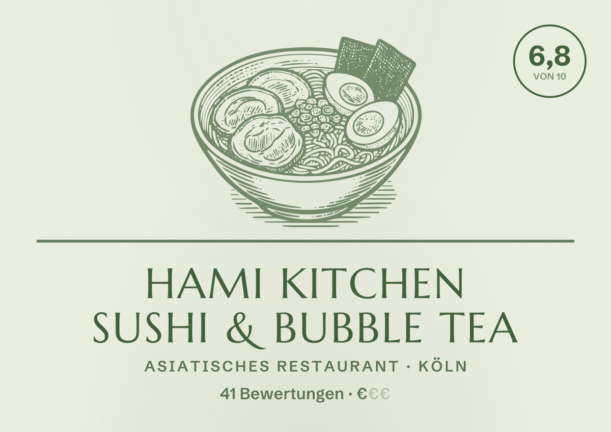 Illustriertes Poster von Hami Kitchen Sushi & Bubble Tea, Asiatisches Restaurant in Köln: Bewertung 6,8 von 10 aus 41 Bewertungen, Preisniveau €