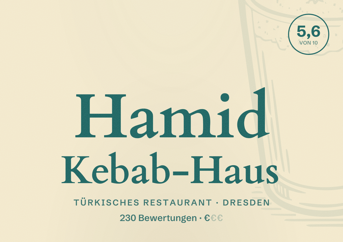 Illustriertes Poster von Hamid Kebab-Haus, Türkisches Restaurant in Dresden: Bewertung 5,6 von 10 aus 230 Bewertungen, Preisniveau €
