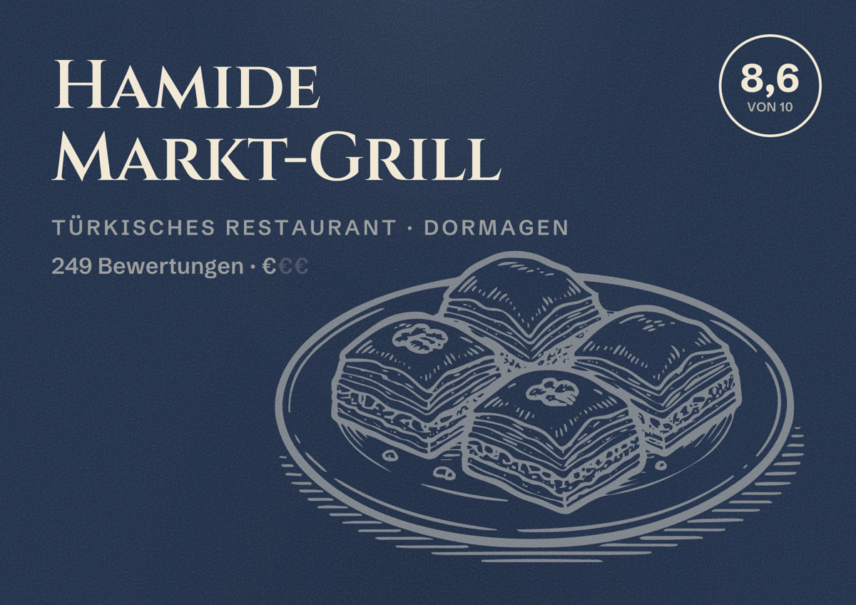 Illustriertes Poster von Hamide Markt-Grill, Türkisches Restaurant in Dormagen: Bewertung 8,6 von 10 aus 249 Bewertungen, Preisniveau €