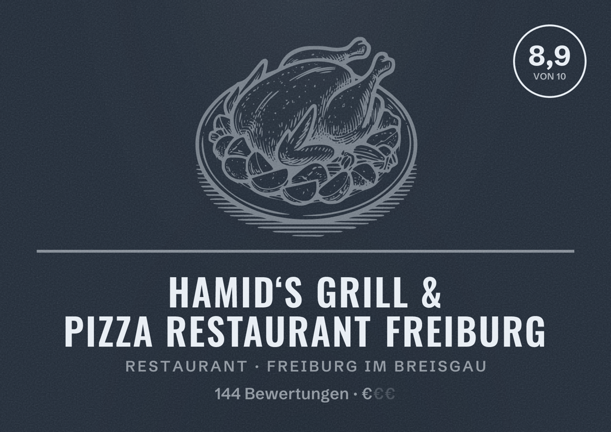 Illustriertes Poster von Hamid‘s Grill & Pizza Restaurant Freiburg, Restaurant in Freiburg im Breisgau: Bewertung 8,9 von 10 aus 144 Bewertungen, Preisniveau €