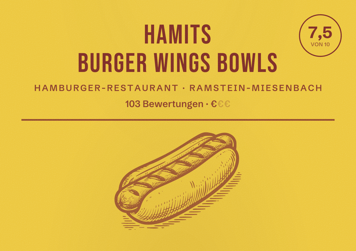 Illustriertes Poster von Hamits Burger Wings Bowls, Hamburger-Restaurant in Ramstein-Miesenbach: Bewertung 7,5 von 10 aus 103 Bewertungen, Preisniveau €