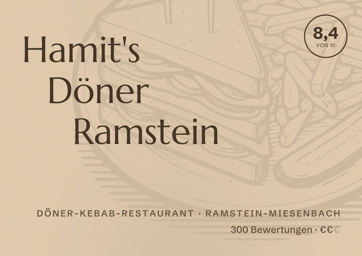 Illustriertes Poster von Hamit's Döner Ramstein, Döner-Kebab-Restaurant in Ramstein-Miesenbach: Bewertung 8,4 von 10 aus 300 Bewertungen, Preisniveau €€