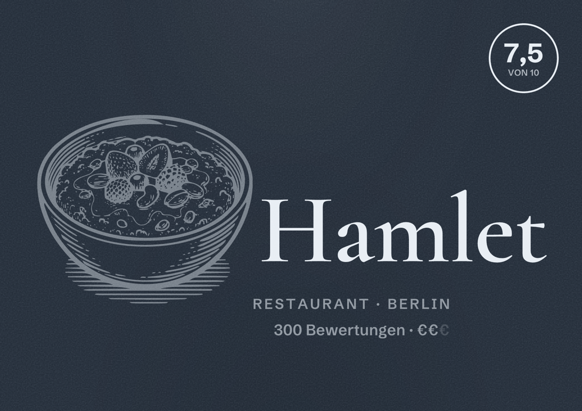 Illustriertes Poster von Hamlet, Restaurant in Berlin: Bewertung 7,5 von 10 aus 300 Bewertungen, Preisniveau €€