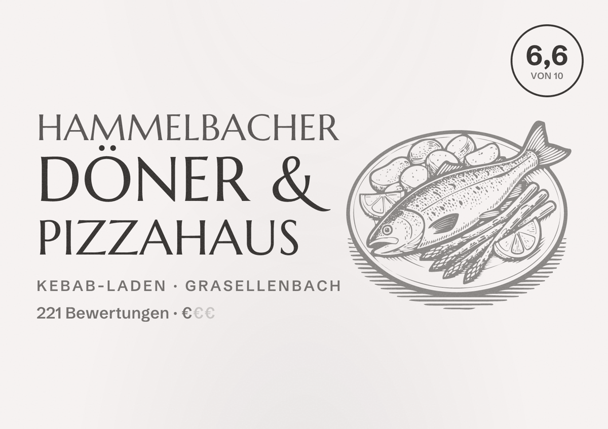 Illustriertes Poster von Hammelbacher Döner & Pizzahaus, Kebab-Laden in Grasellenbach: Bewertung 6,6 von 10 aus 221 Bewertungen, Preisniveau €