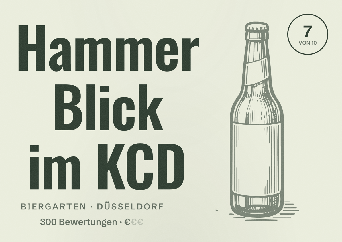 Illustriertes Poster von Hammer Blick im KCD, Biergarten in Düsseldorf: Bewertung 7,0 von 10 aus 300 Bewertungen, Preisniveau €