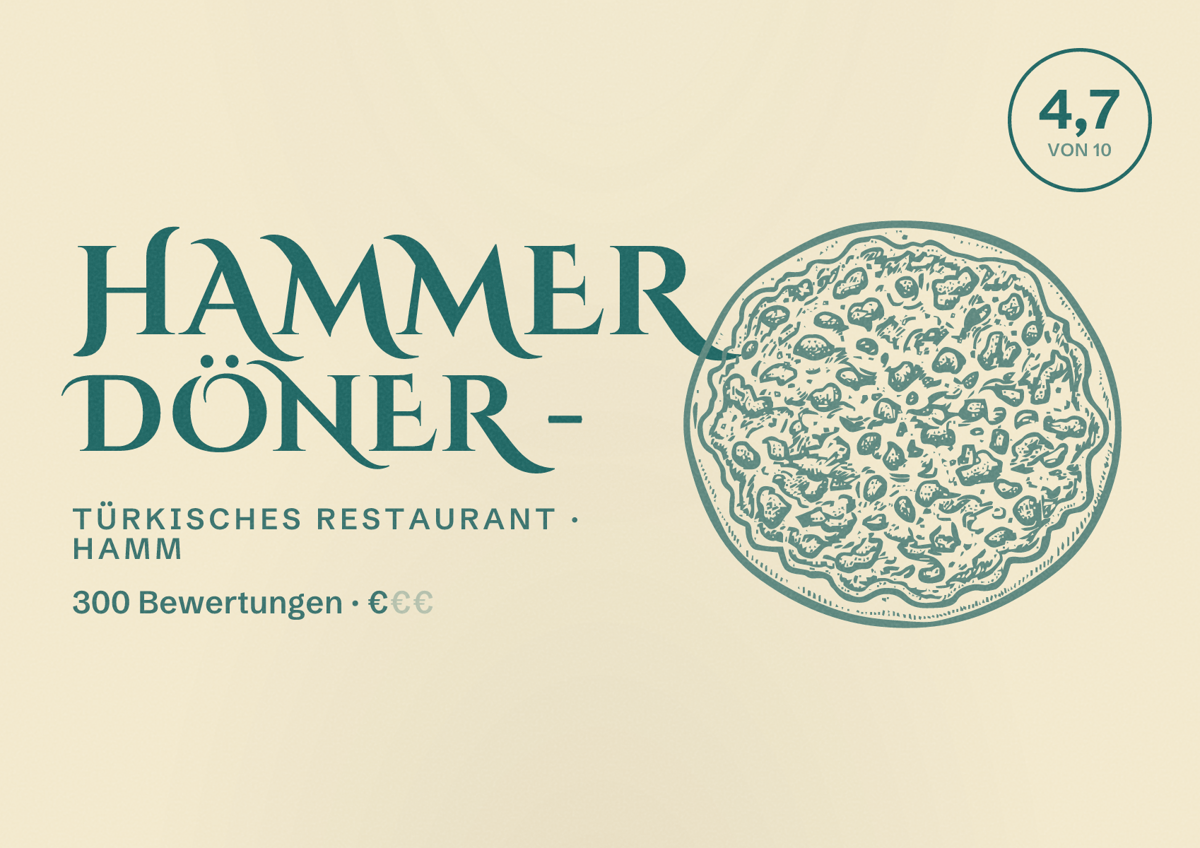 Illustriertes Poster von Hammer Döner -, Türkisches Restaurant in Hamm: Bewertung 4,7 von 10 aus 300 Bewertungen, Preisniveau €