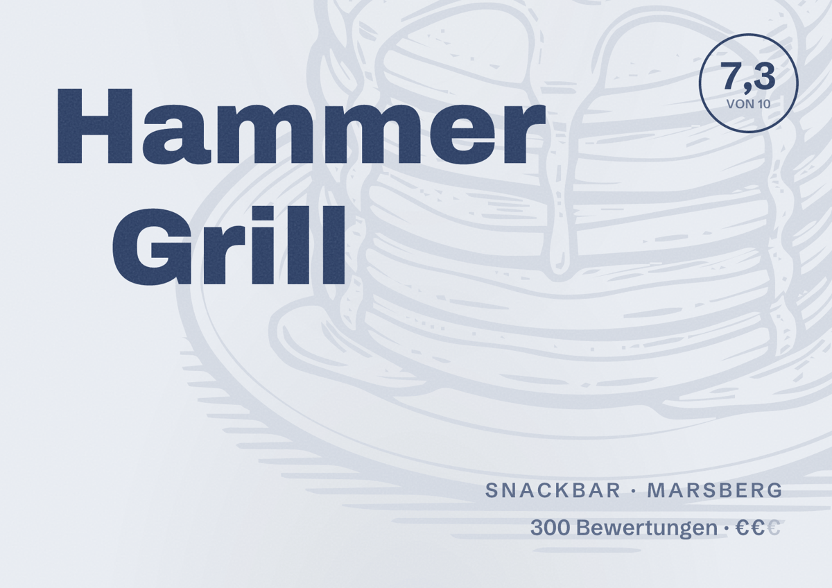 Illustriertes Poster von Hammer Grill, Snackbar in Marsberg: Bewertung 7,3 von 10 aus 300 Bewertungen, Preisniveau €€