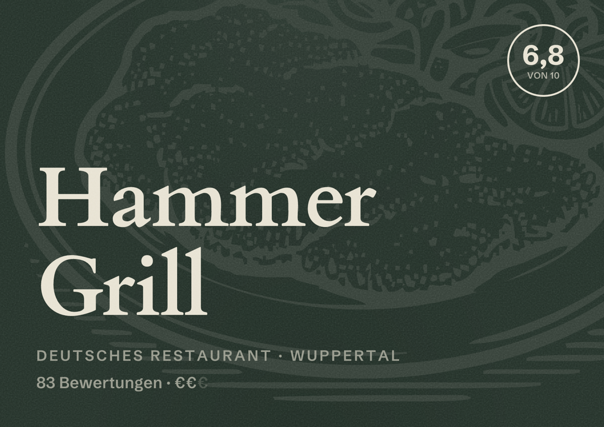 Illustriertes Poster von Hammer Grill, Deutsches Restaurant in Wuppertal: Bewertung 6,8 von 10 aus 83 Bewertungen, Preisniveau €€