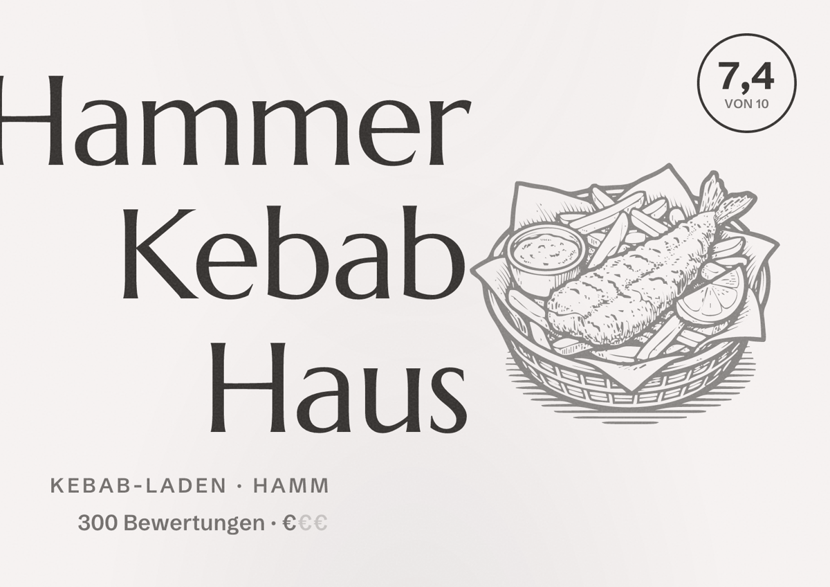 Illustriertes Poster von Hammer Kebab Haus, Kebab-Laden in Hamm: Bewertung 7,4 von 10 aus 300 Bewertungen, Preisniveau €