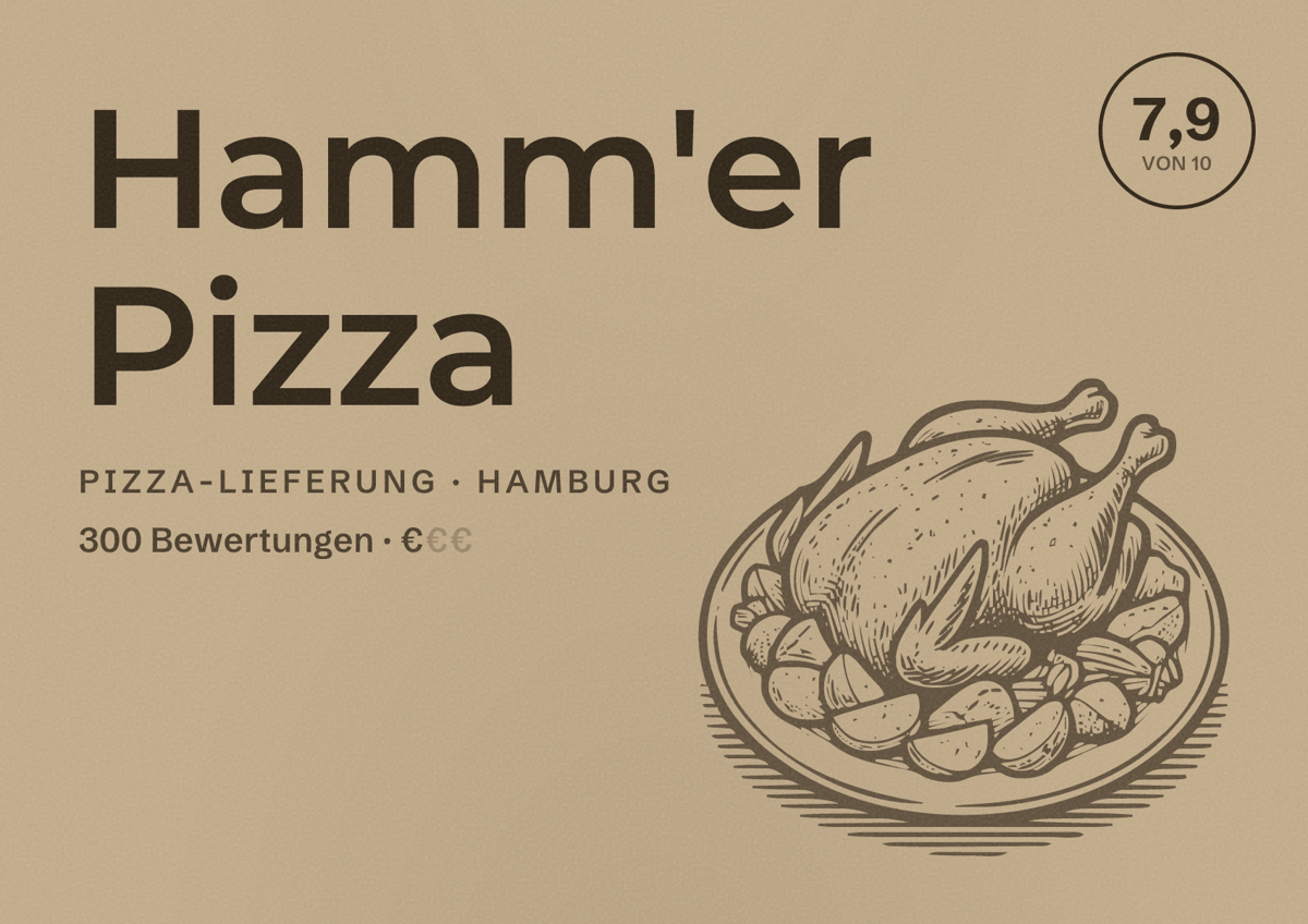 Illustriertes Poster von Hamm'er Pizza, Pizza-Lieferung in Hamburg: Bewertung 7,9 von 10 aus 300 Bewertungen, Preisniveau €