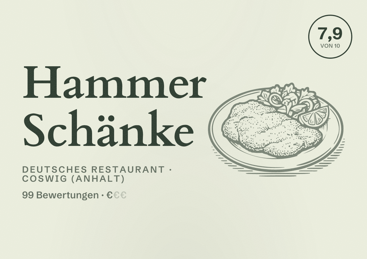 Illustriertes Poster von Hammer Schänke, Deutsches Restaurant in Coswig (Anhalt): Bewertung 7,9 von 10 aus 99 Bewertungen, Preisniveau €