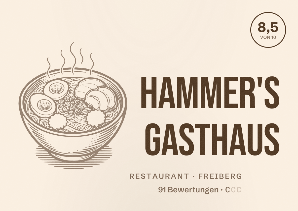 Illustriertes Poster von Hammer's Gasthaus, Restaurant in Freiberg: Bewertung 8,5 von 10 aus 91 Bewertungen, Preisniveau €