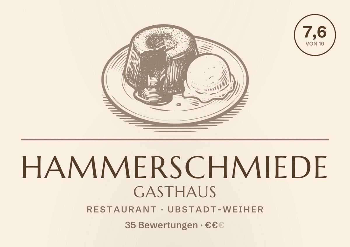 Illustriertes Poster von Hammerschmiede Gasthaus, Restaurant in Ubstadt-Weiher: Bewertung 7,6 von 10 aus 35 Bewertungen, Preisniveau €€