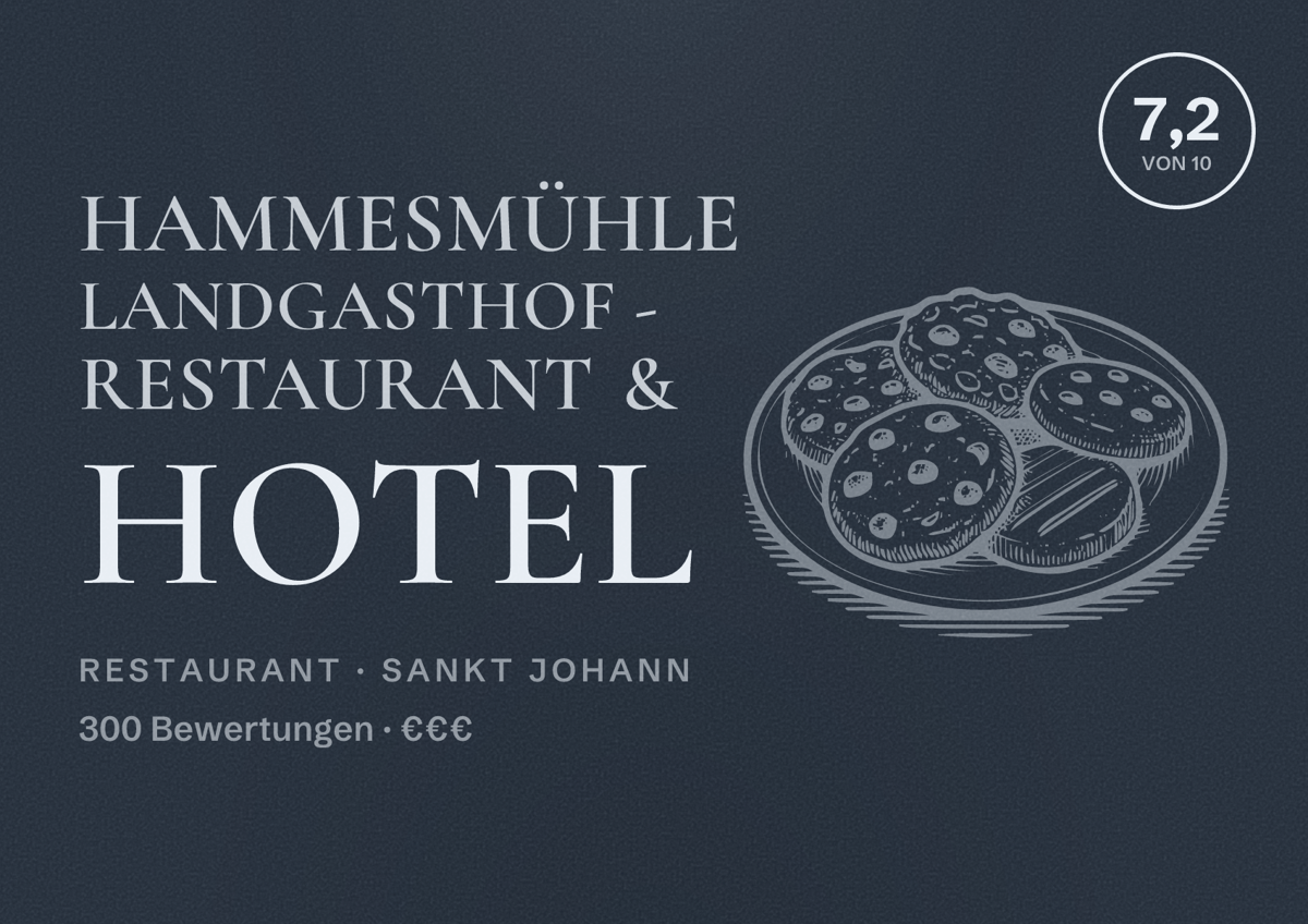 Illustriertes Poster von Hammesmühle Landgasthof - Restaurant & Hotel, Restaurant in Sankt Johann: Bewertung 7,2 von 10 aus 300 Bewertungen, Preisniveau €€€