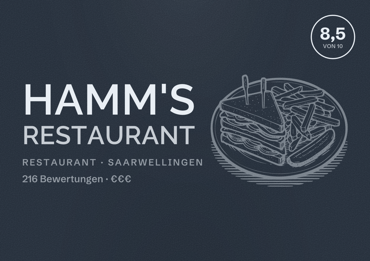 Illustriertes Poster von Hamm's Restaurant, Restaurant in Saarwellingen: Bewertung 8,5 von 10 aus 216 Bewertungen, Preisniveau €€€