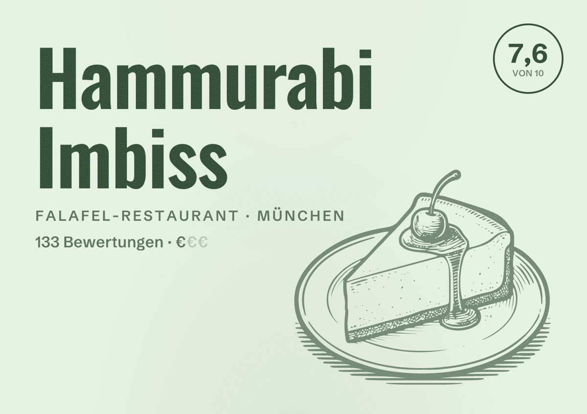 Illustriertes Poster von Hammurabi Imbiss, Falafel-Restaurant in München: Bewertung 7,6 von 10 aus 133 Bewertungen, Preisniveau €