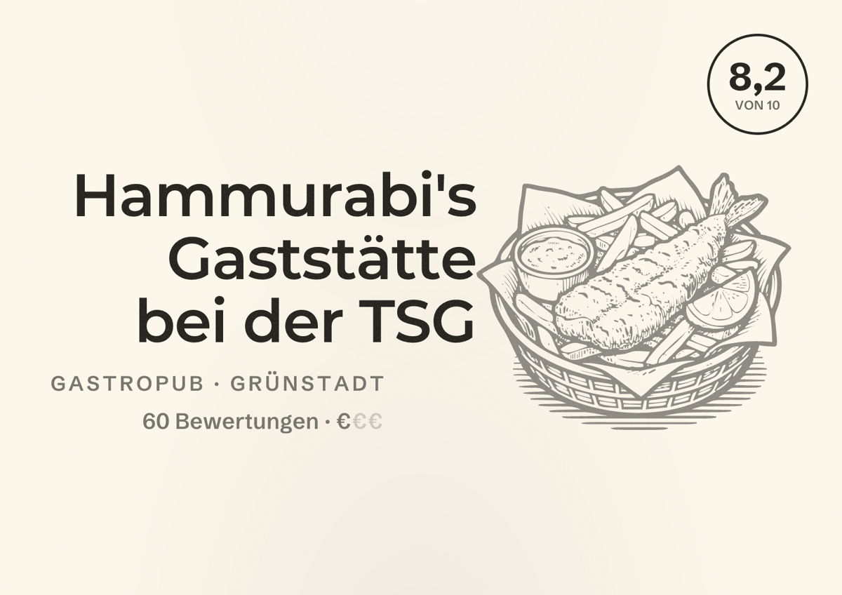 Illustriertes Poster von Hammurabi's Gaststätte bei der TSG, Gastropub in Grünstadt: Bewertung 8,2 von 10 aus 60 Bewertungen, Preisniveau €