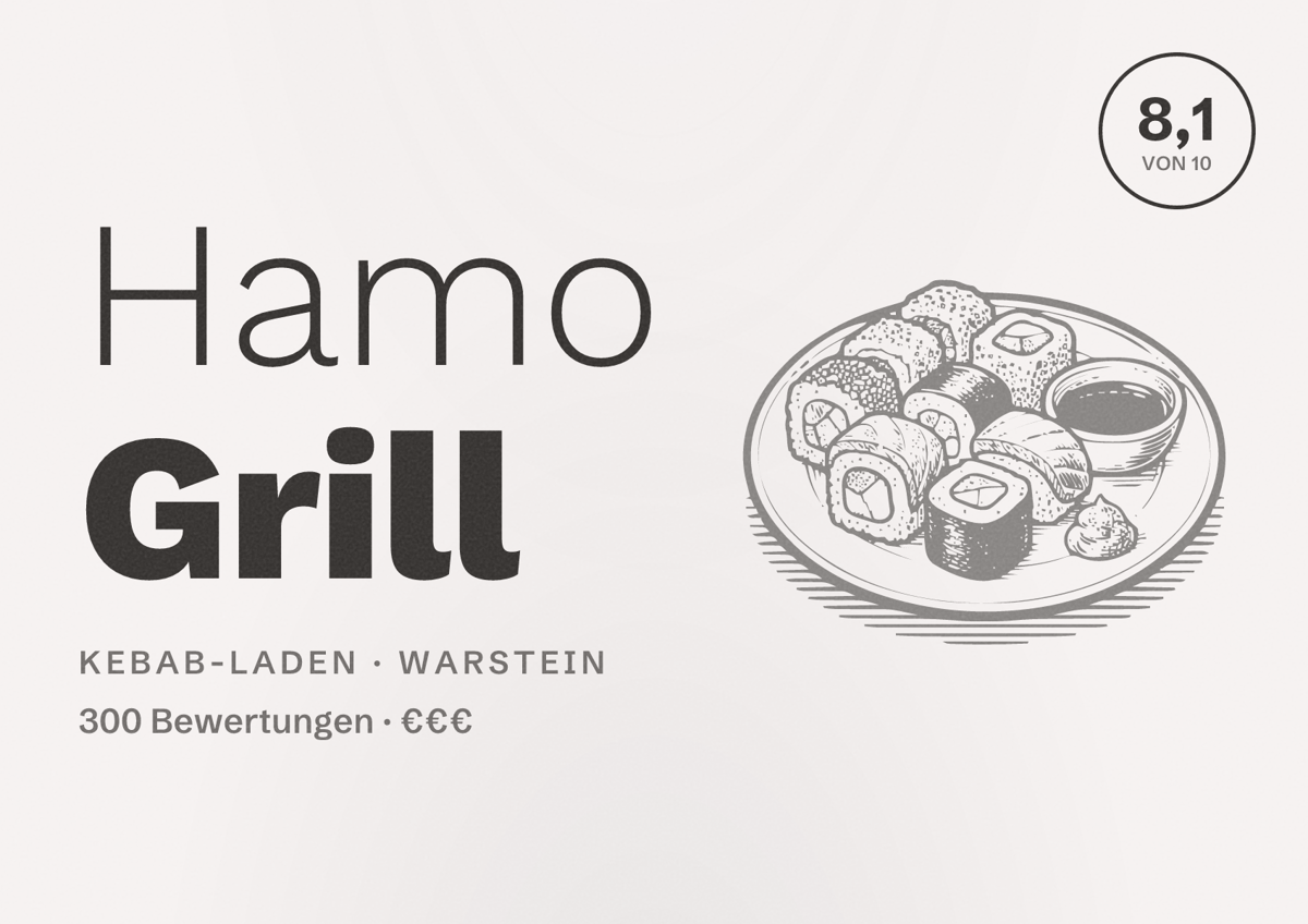 Illustriertes Poster von Hamo Grill, Kebab-Laden in Warstein: Bewertung 8,1 von 10 aus 300 Bewertungen, Preisniveau €€€