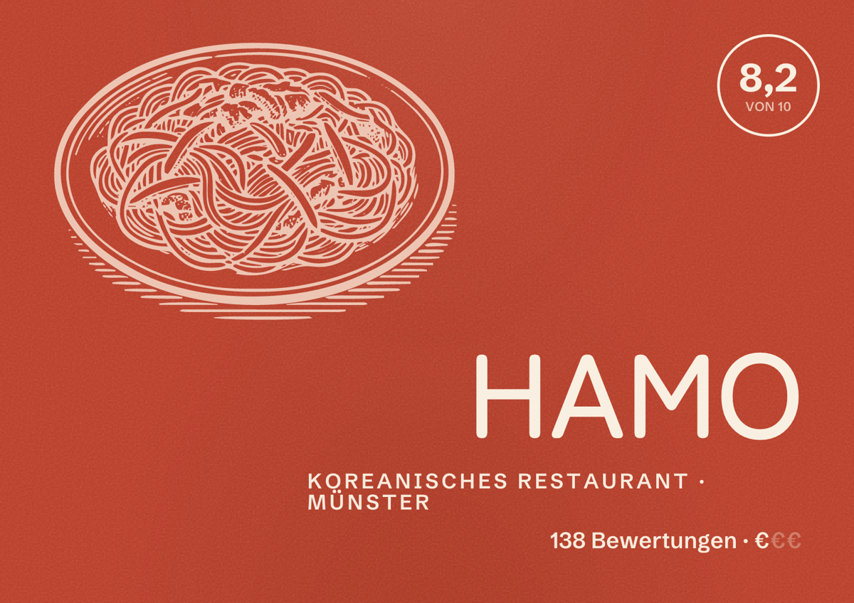Illustriertes Poster von HAMO, Koreanisches Restaurant in Münster: Bewertung 8,2 von 10 aus 138 Bewertungen, Preisniveau €