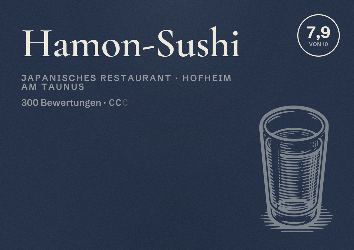 Illustriertes Poster von Hamon-Sushi, Japanisches Restaurant in Hofheim am Taunus: Bewertung 7,9 von 10 aus 300 Bewertungen, Preisniveau €€