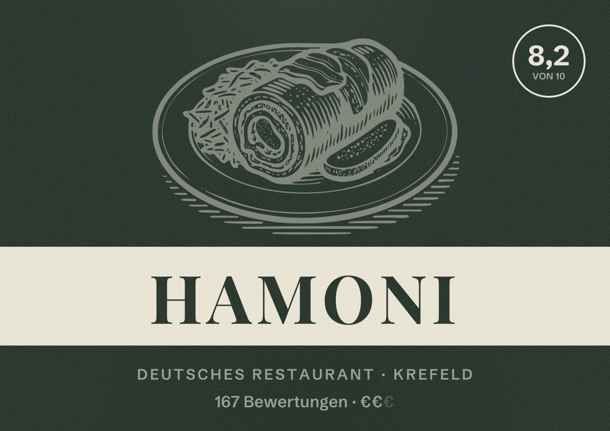 Illustriertes Poster von Hamoni, Deutsches Restaurant in Krefeld: Bewertung 8,2 von 10 aus 167 Bewertungen, Preisniveau €€