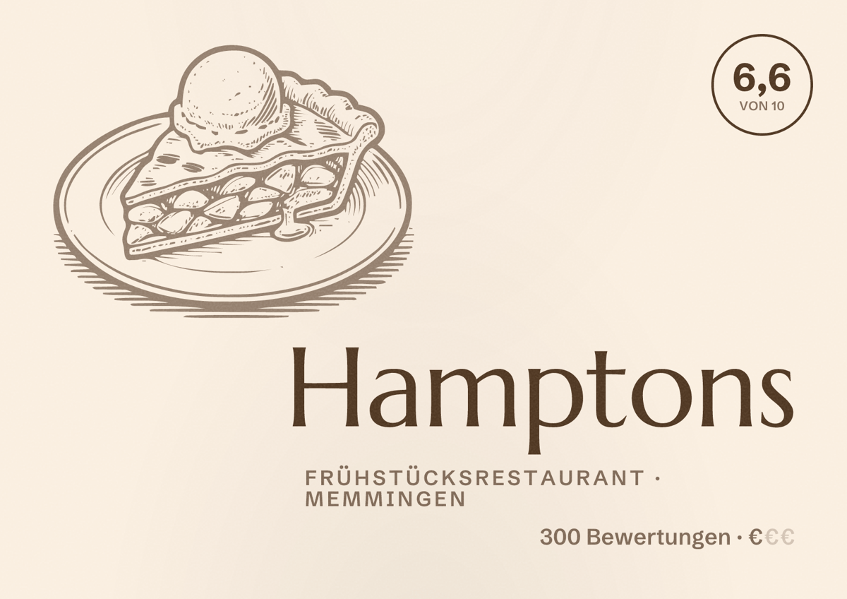 Illustriertes Poster von Hamptons, Frühstücksrestaurant in Memmingen: Bewertung 6,6 von 10 aus 300 Bewertungen, Preisniveau €