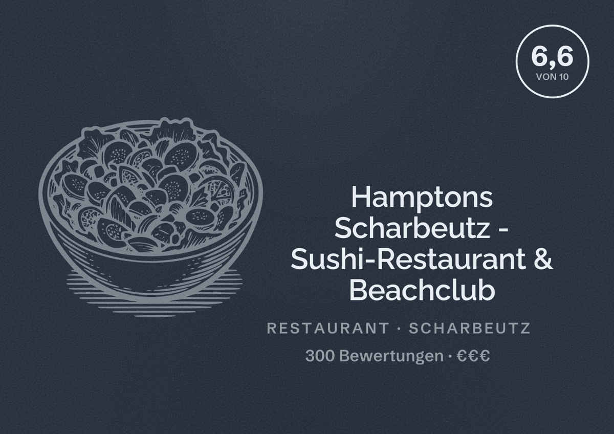Illustriertes Poster von Hamptons Scharbeutz - Sushi-Restaurant & Beachclub, Restaurant in Scharbeutz: Bewertung 6,6 von 10 aus 300 Bewertungen, Preisniveau €€€