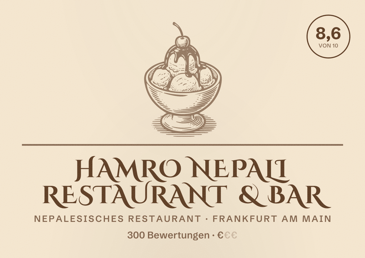 Illustriertes Poster von Hamro Nepali Restaurant & Bar, Nepalesisches Restaurant in Frankfurt am Main: Bewertung 8,6 von 10 aus 300 Bewertungen, Preisniveau €