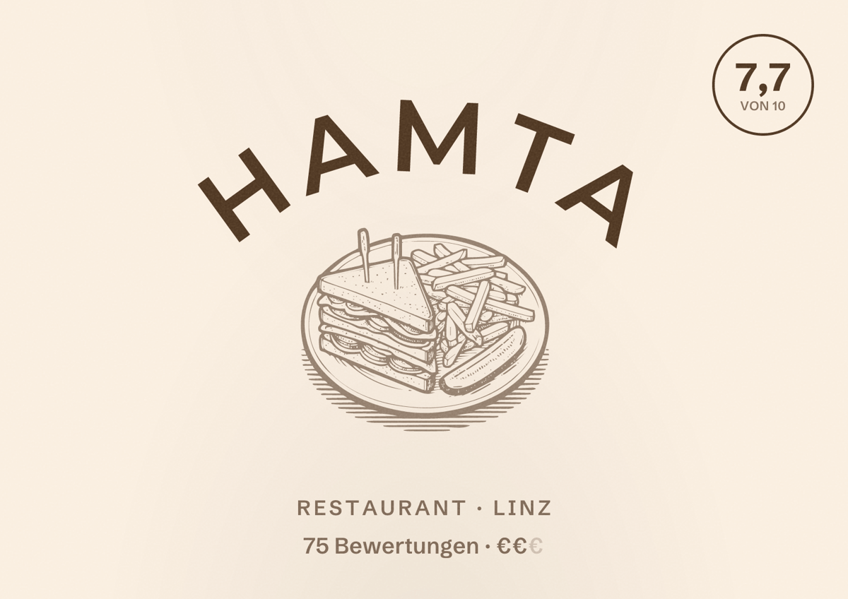 Illustriertes Poster von Hamta, Restaurant in Linz: Bewertung 7,7 von 10 aus 75 Bewertungen, Preisniveau €€