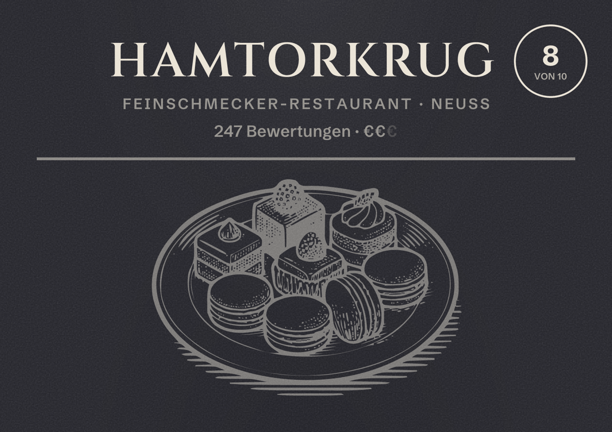 Illustriertes Poster von Hamtorkrug, Feinschmecker-Restaurant in Neuss: Bewertung 8,0 von 10 aus 247 Bewertungen, Preisniveau €€