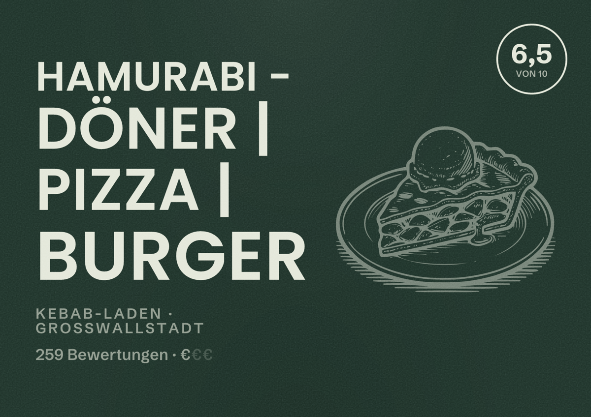 Illustriertes Poster von Hamurabi - Döner | Pizza | Burger, Kebab-Laden in Großwallstadt: Bewertung 6,5 von 10 aus 259 Bewertungen, Preisniveau €